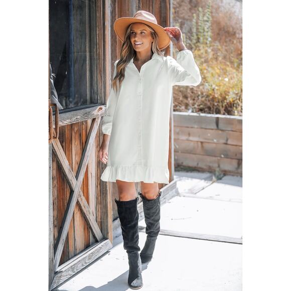 CUPSHE White Collared Puff Sleeve Mini Shirt Dress NWT SIZE LARGE - Picture 2 of 5